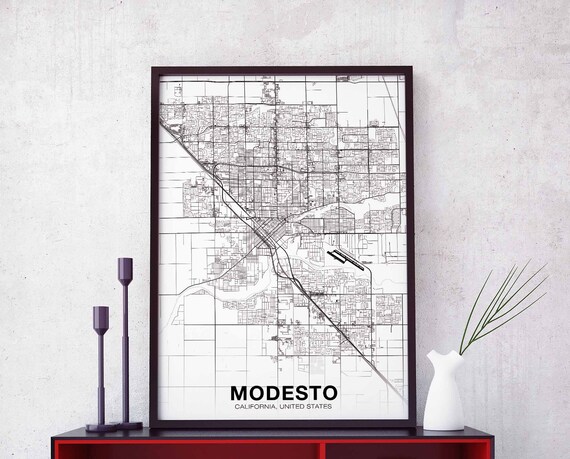 Modesto Ca Usa Map Poster Black White Hometown City Print Modern Home Decor Office Decoration Wall Art Dorm Bedroom Gift