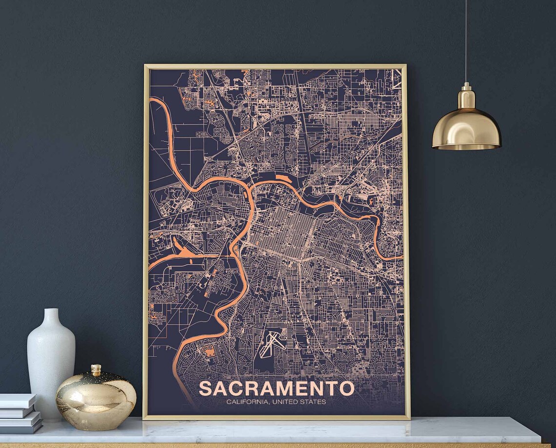 Sacramento California Copper City Street Map Dark Blue Art Poster