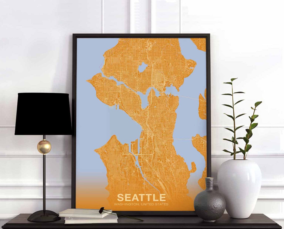 Seattle Washington Bold Orange City Map On Light Blue Art Poster