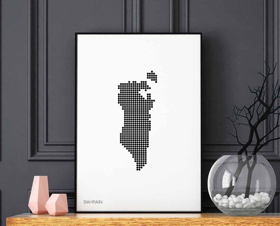 Bahrain Minimal Dots Retro Map Poster Black White Wall Decor Design Modern Swiss Scandinavian Nordic Housewarming Travel Bedroom