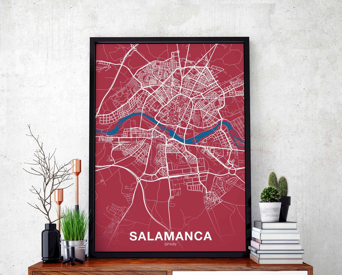 Salamanca Spain Deep Red Modern City Street Map Travel Poster
