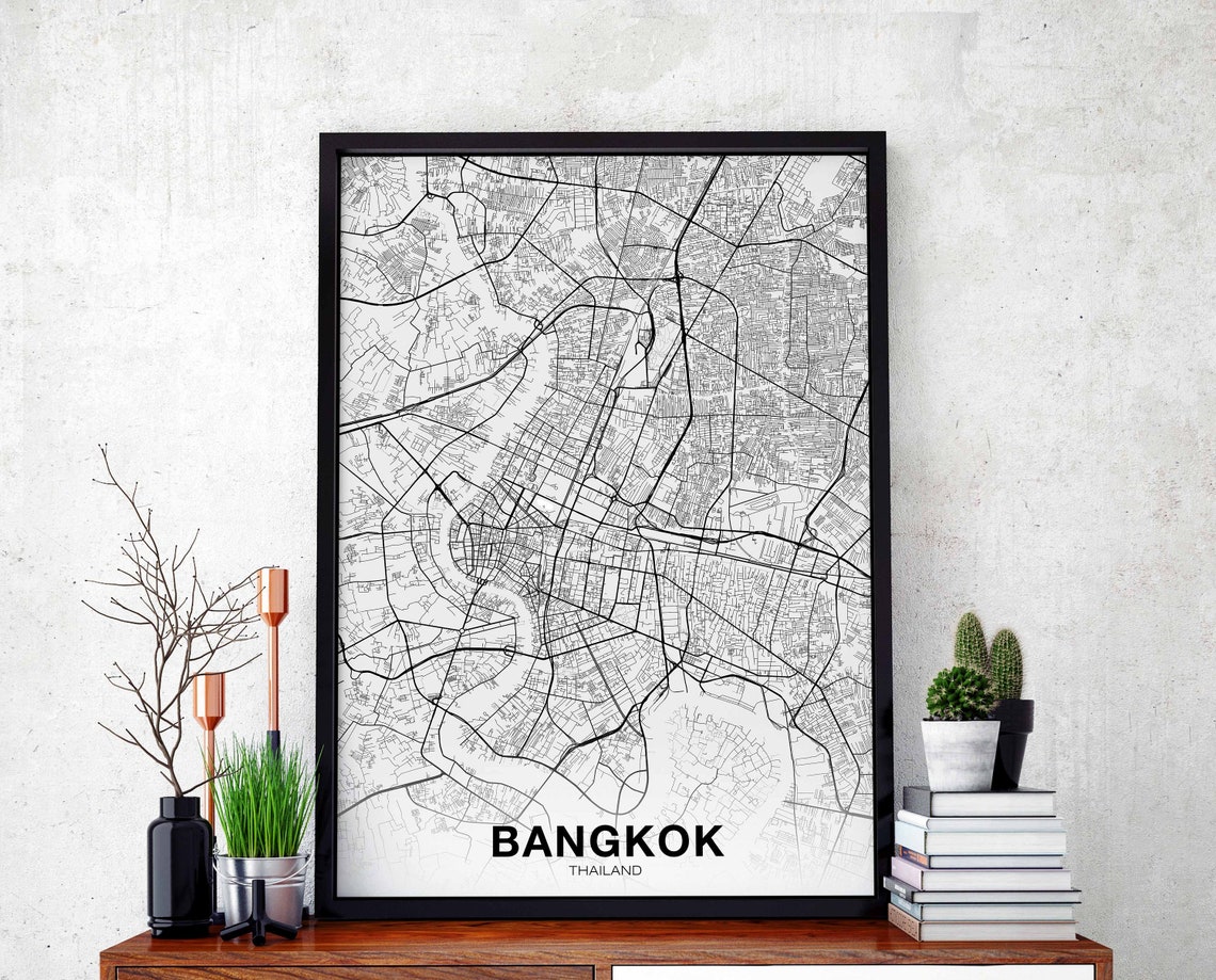 Bangkok Thailand City Map Black White Minimalist Street Art Poster