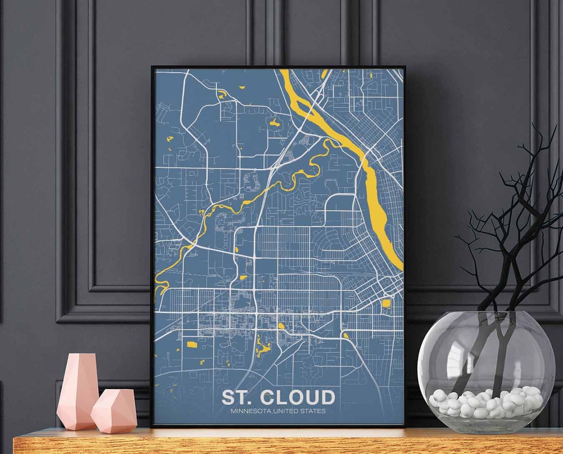 St Cloud Minnesota Blue Gold Full Bleed City Street Map Poster
