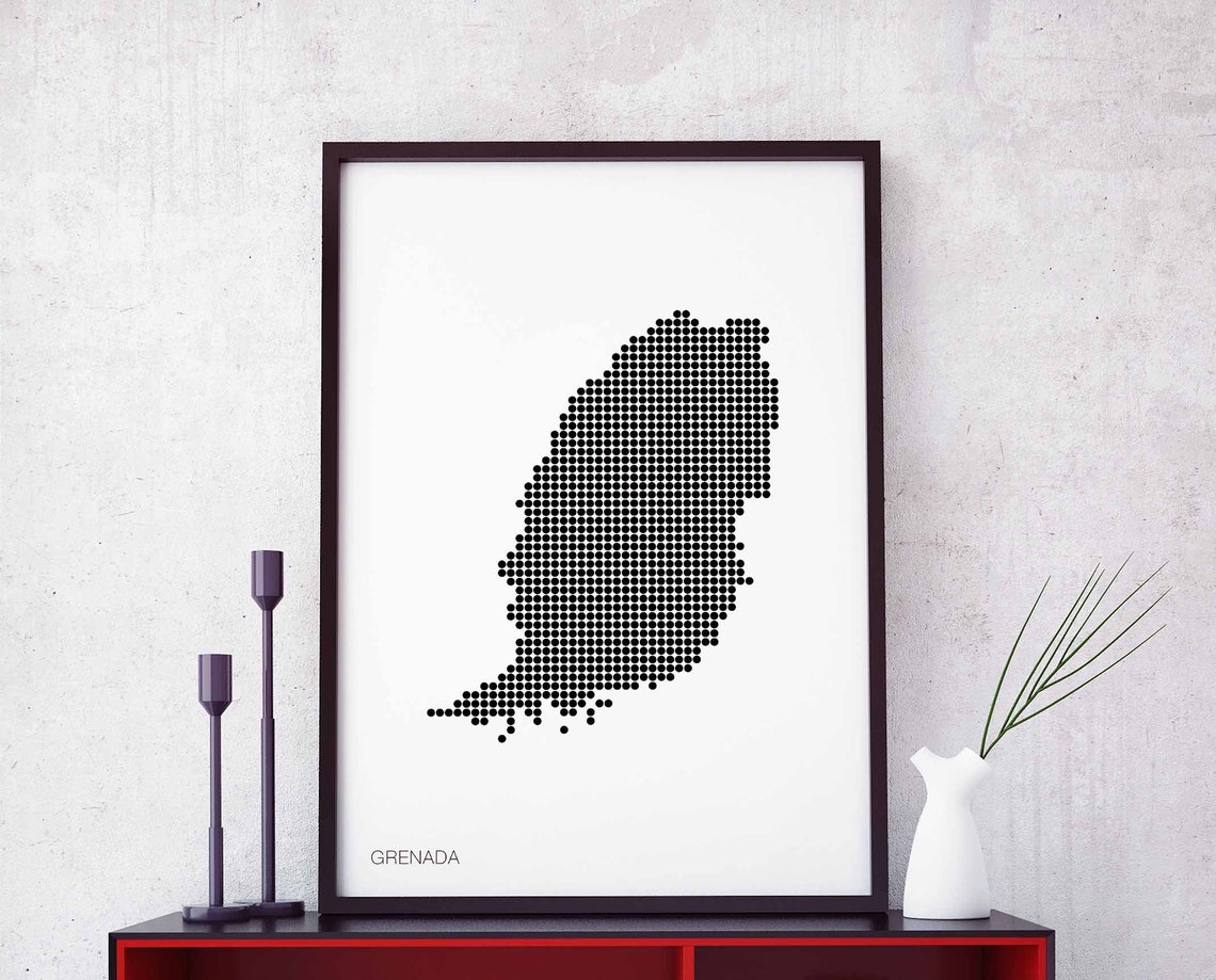 Grenada Island Dotted Map Retro Minimalist Black White Poster