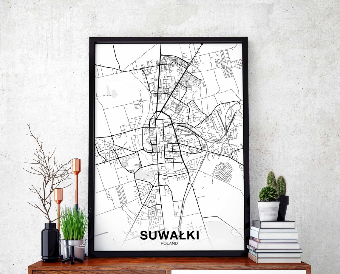 Suwalki Poland Minimal Black White City Map Line Art Style Poster