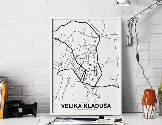 Velika Kladusa Bosnia Map Poster Black White Hometown City Print Modern Home Decor Office Decoration Wall Art Dorm Bedroom Gift