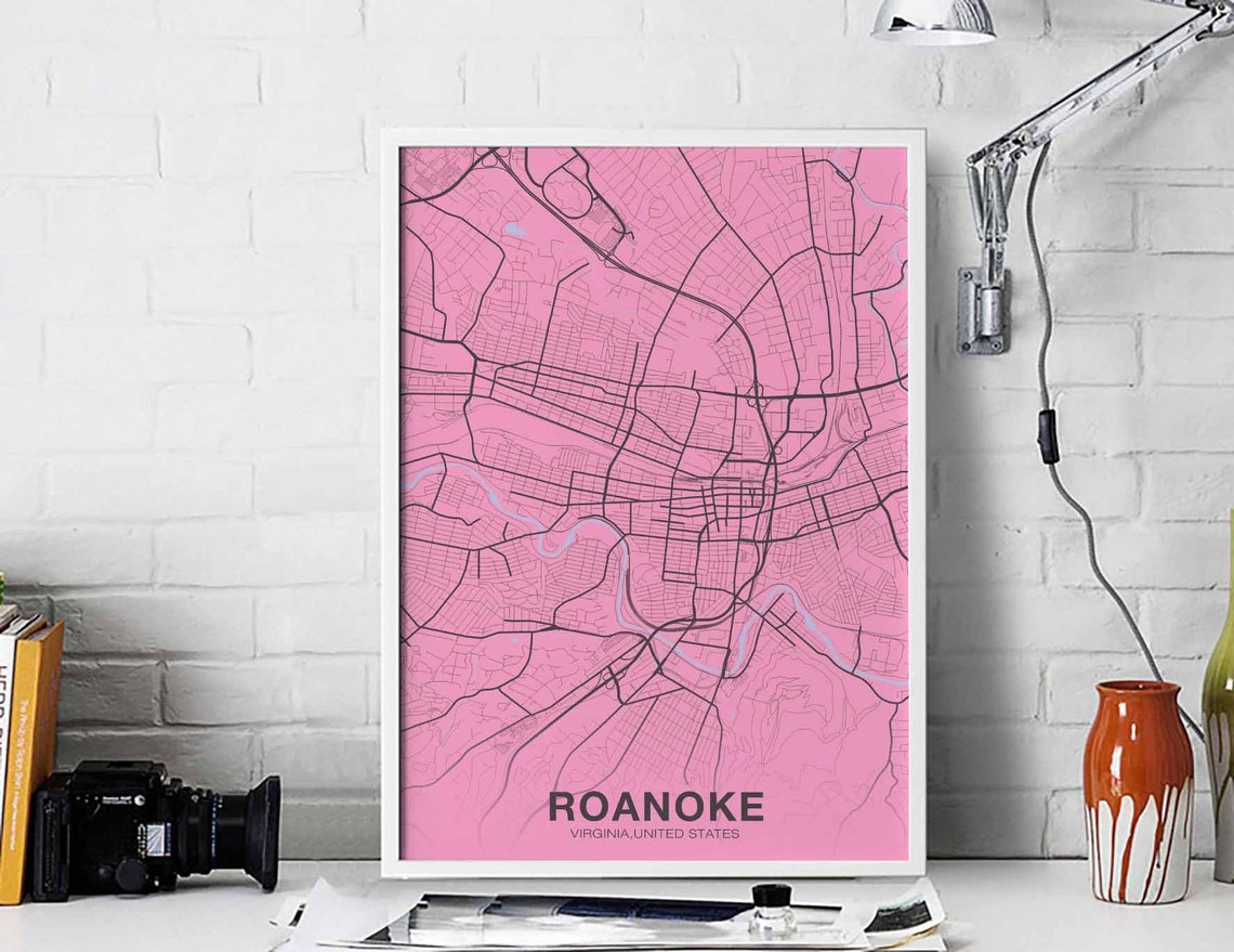 Roanoke Virginia Street Map Pink Blue Ridge Modern City Poster
