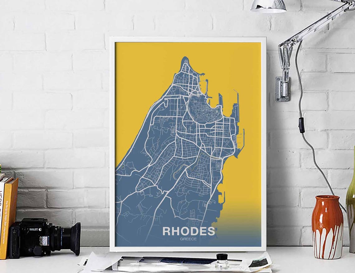 Rhodes Greece Blue Island Map Sunny Yellow Wall Bright Poster