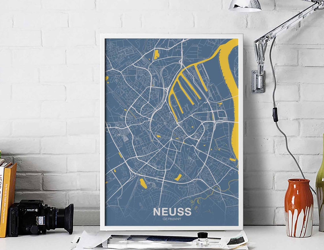 Neuss Germany Blue Yellow Street Map Hometown City Art Poster