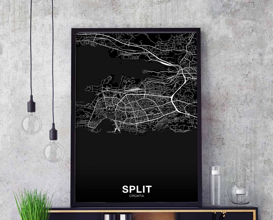Split Croatia City Map Poster Black and White Modern Wall Decor