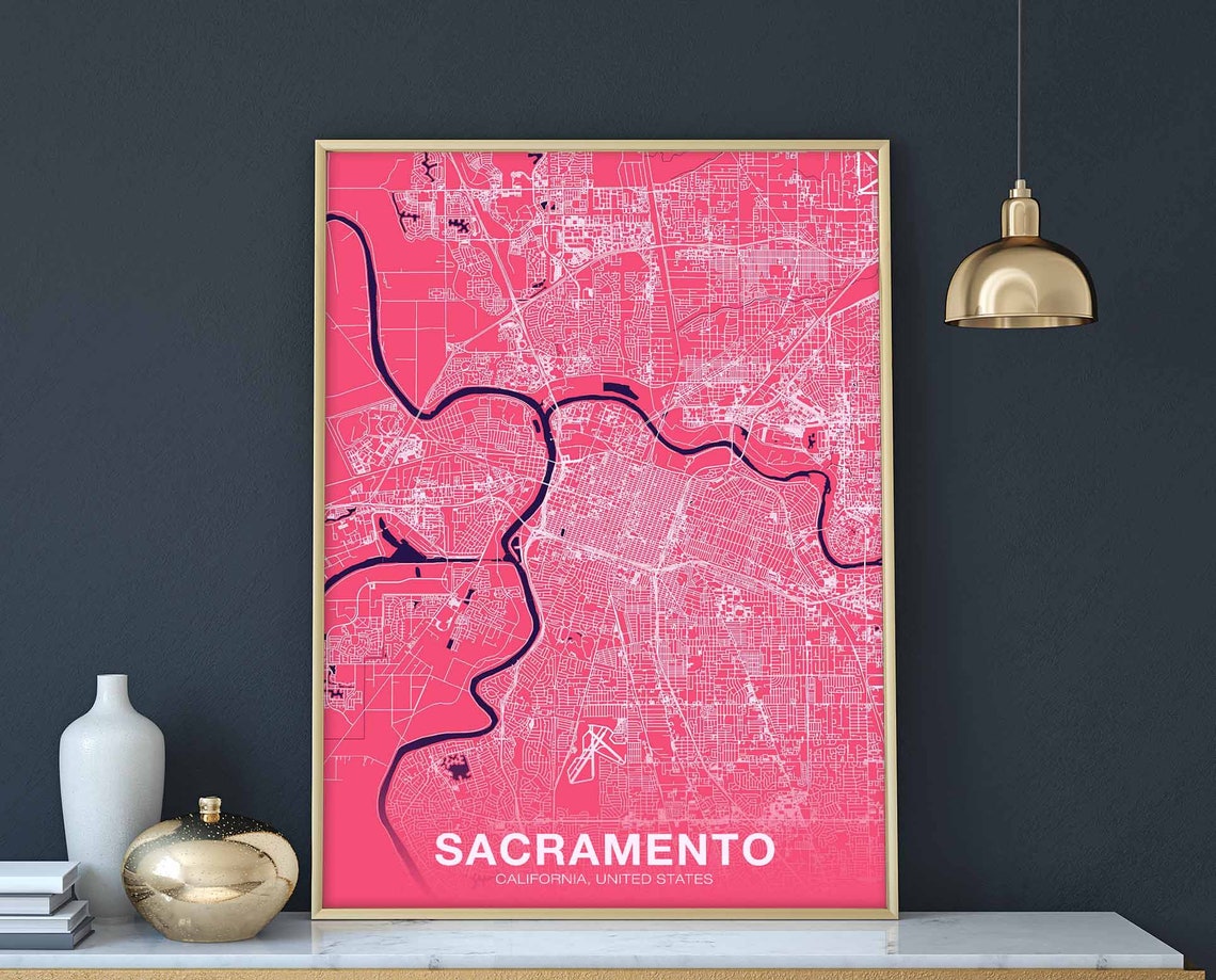 Sacramento California Pink City Map Modern Minimalist Wall Art