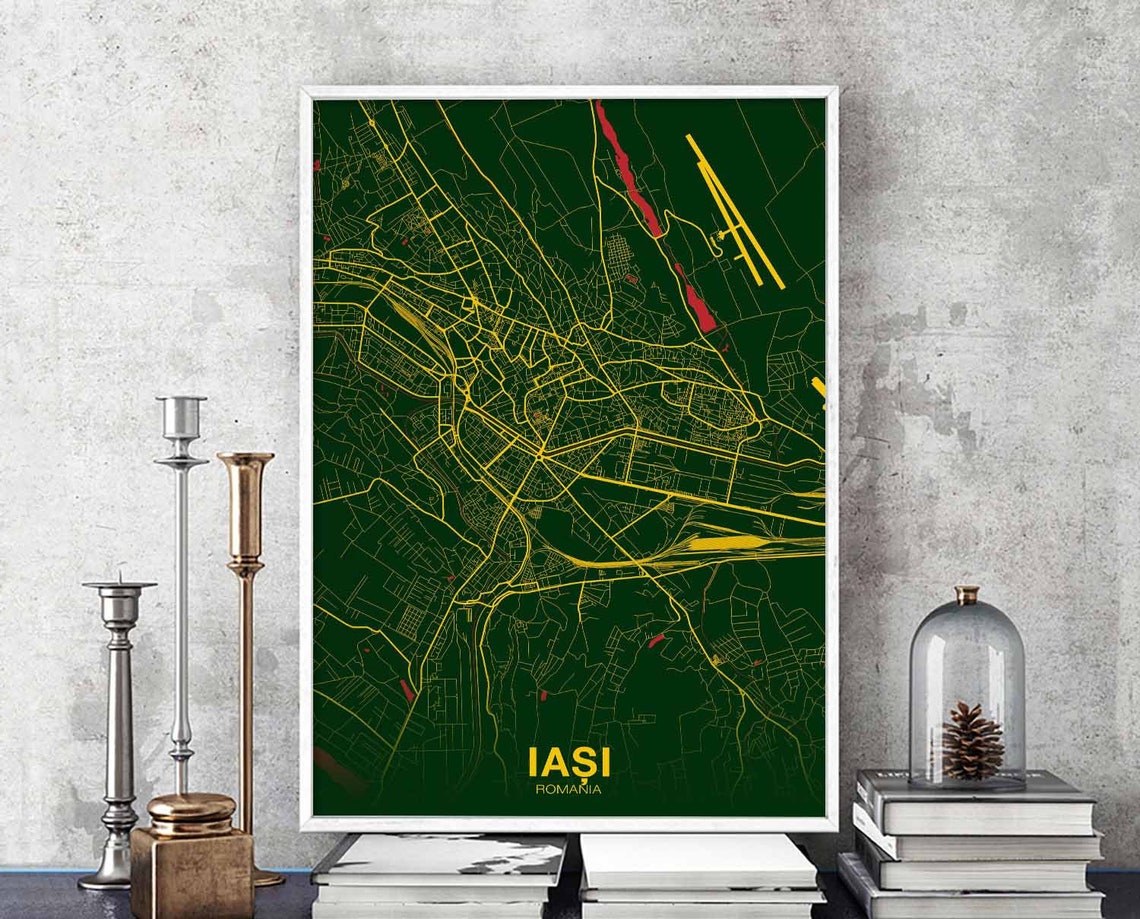 Iasi Romania Bold Green Gold Night Modern City Map Travel Poster