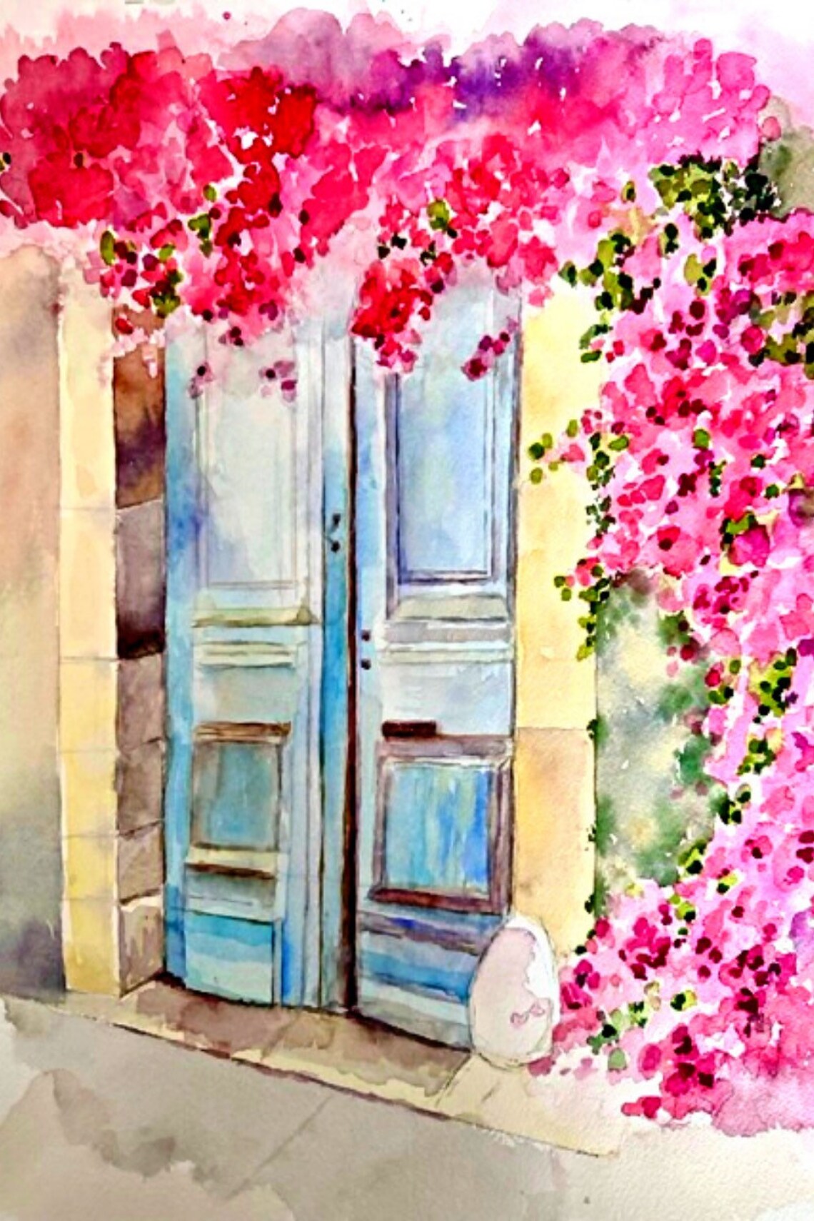 Blue Wooden Doors With Pink Bougainvillea Watercolor Art Poster - Image 3