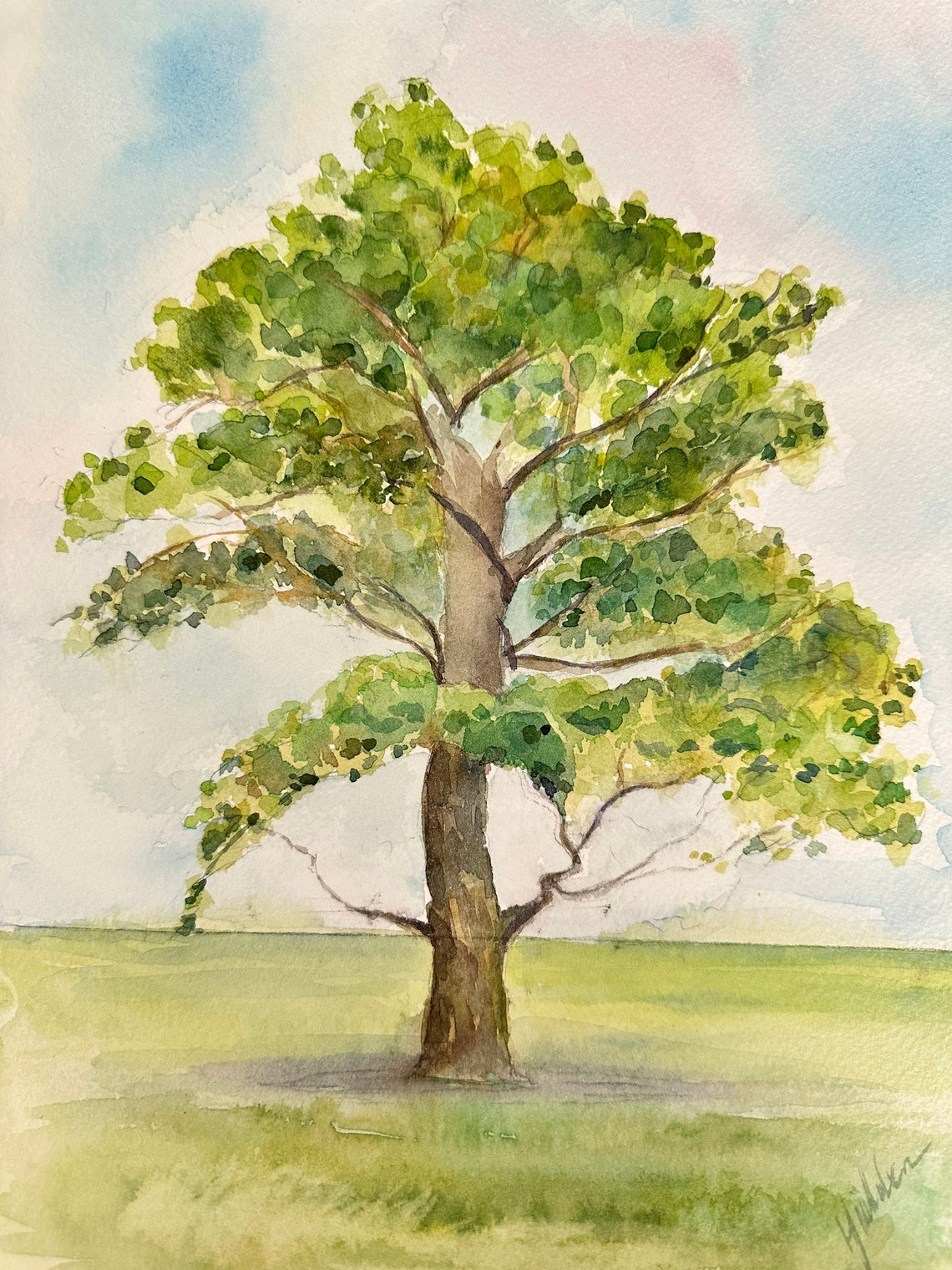 Majestic Lone Tree in Green Meadow Watercolor Nature Art Poster - Image 6