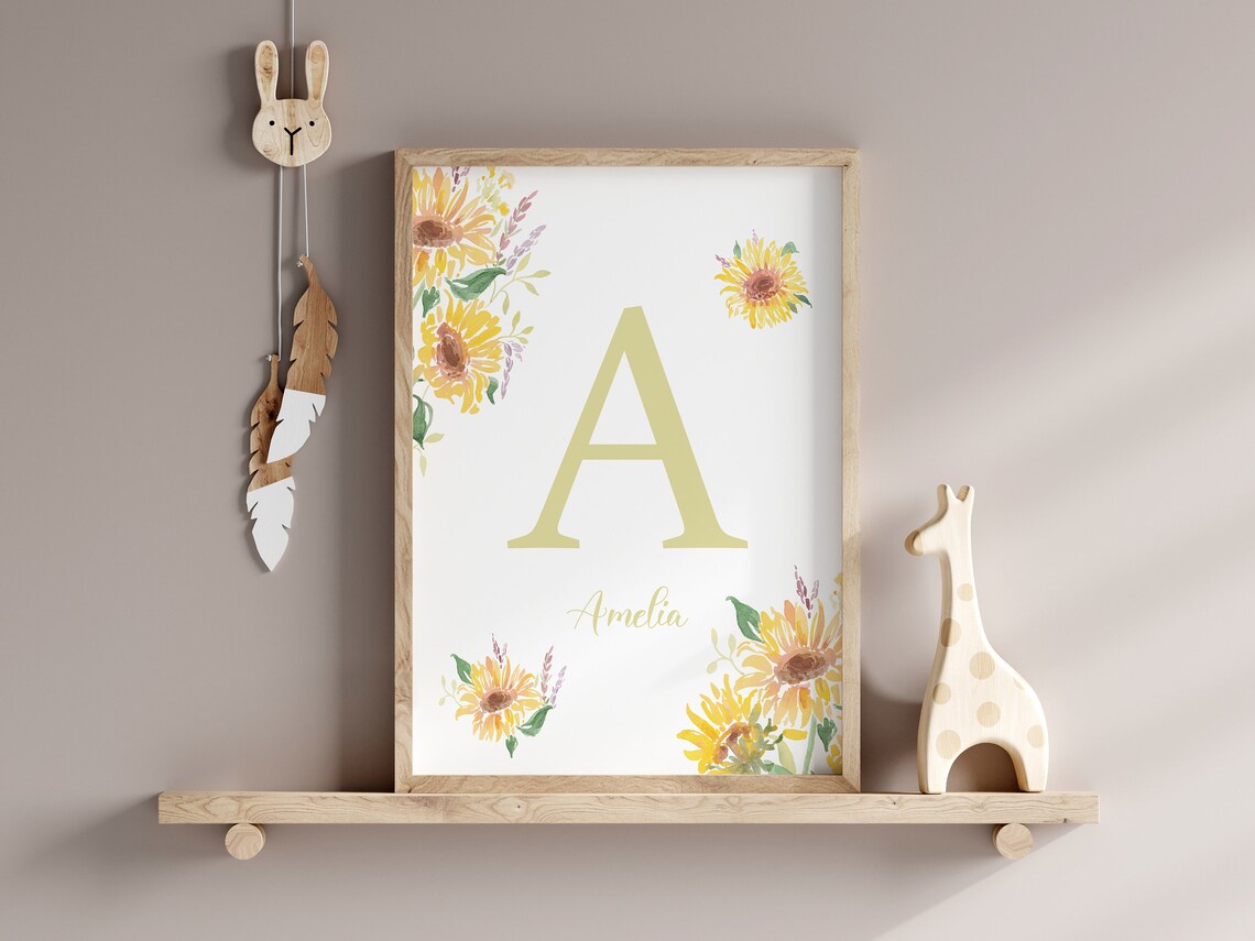 Sunflower Letter And Name Watercolor Art Print - Image 3