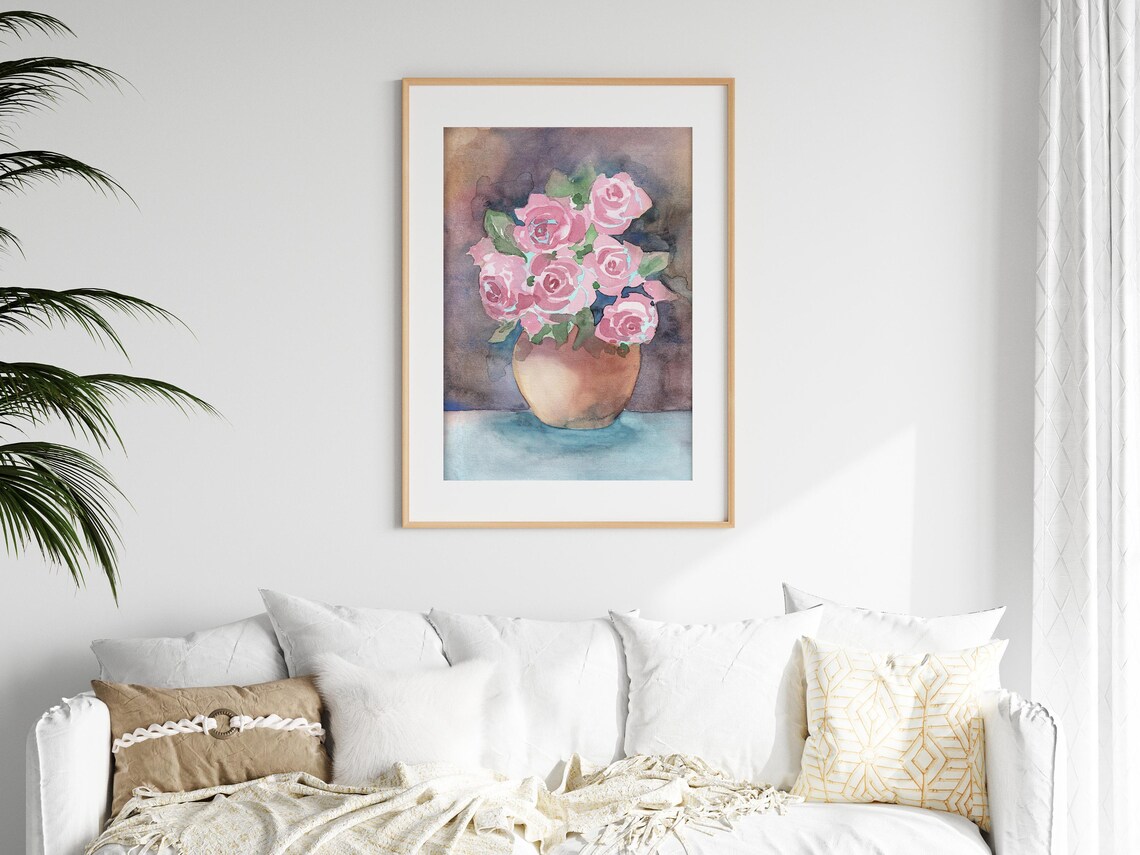 Pink Roses Bouquet In Vase Watercolor Floral Still Life Poster - Image 3