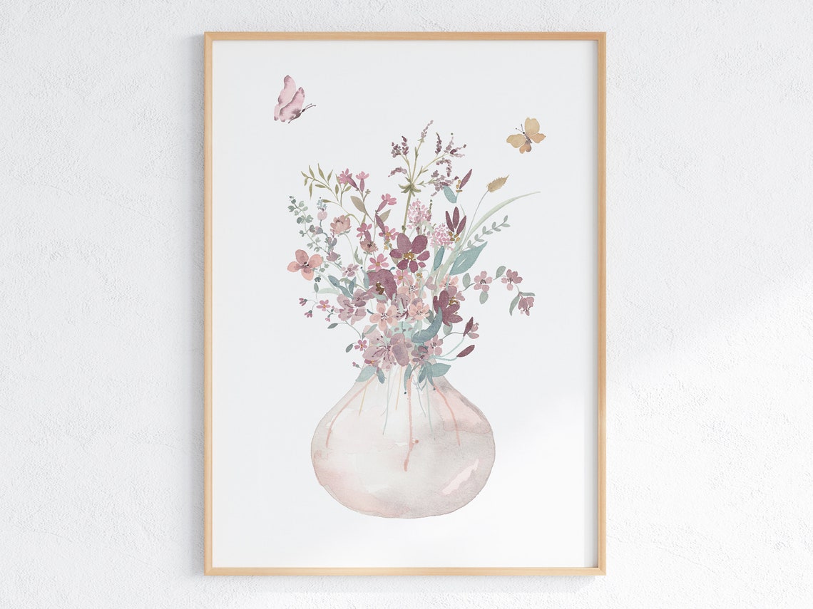 Neutral Boho Wildflower Bouquet Glass Vase Watercolor Art Poster - Image 2