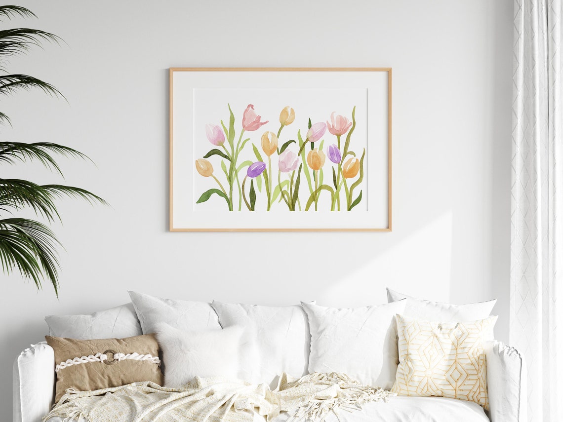 Pastel Tulip Meadow Row Watercolor Spring Horizontal Floral Poster - Image 3