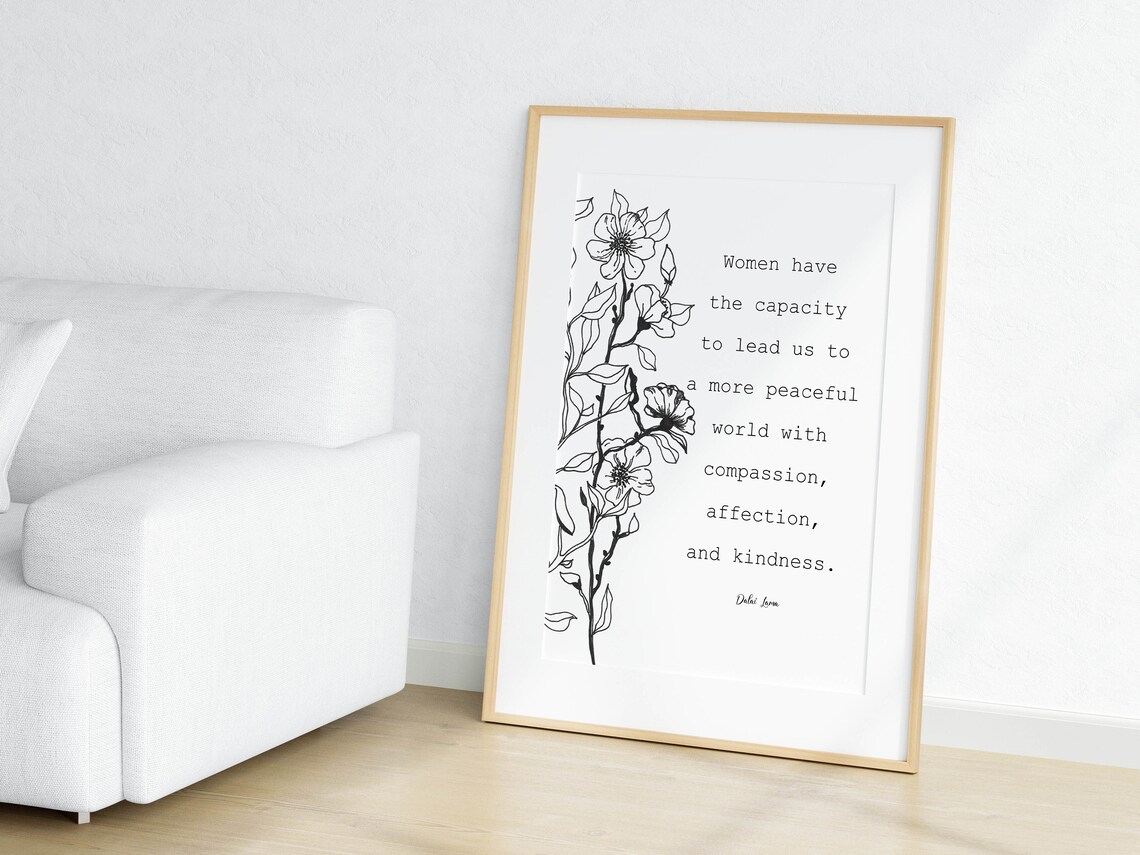 Dalai Lama Women Lead Peaceful World Quote Floral Line Art Poster - Image 2