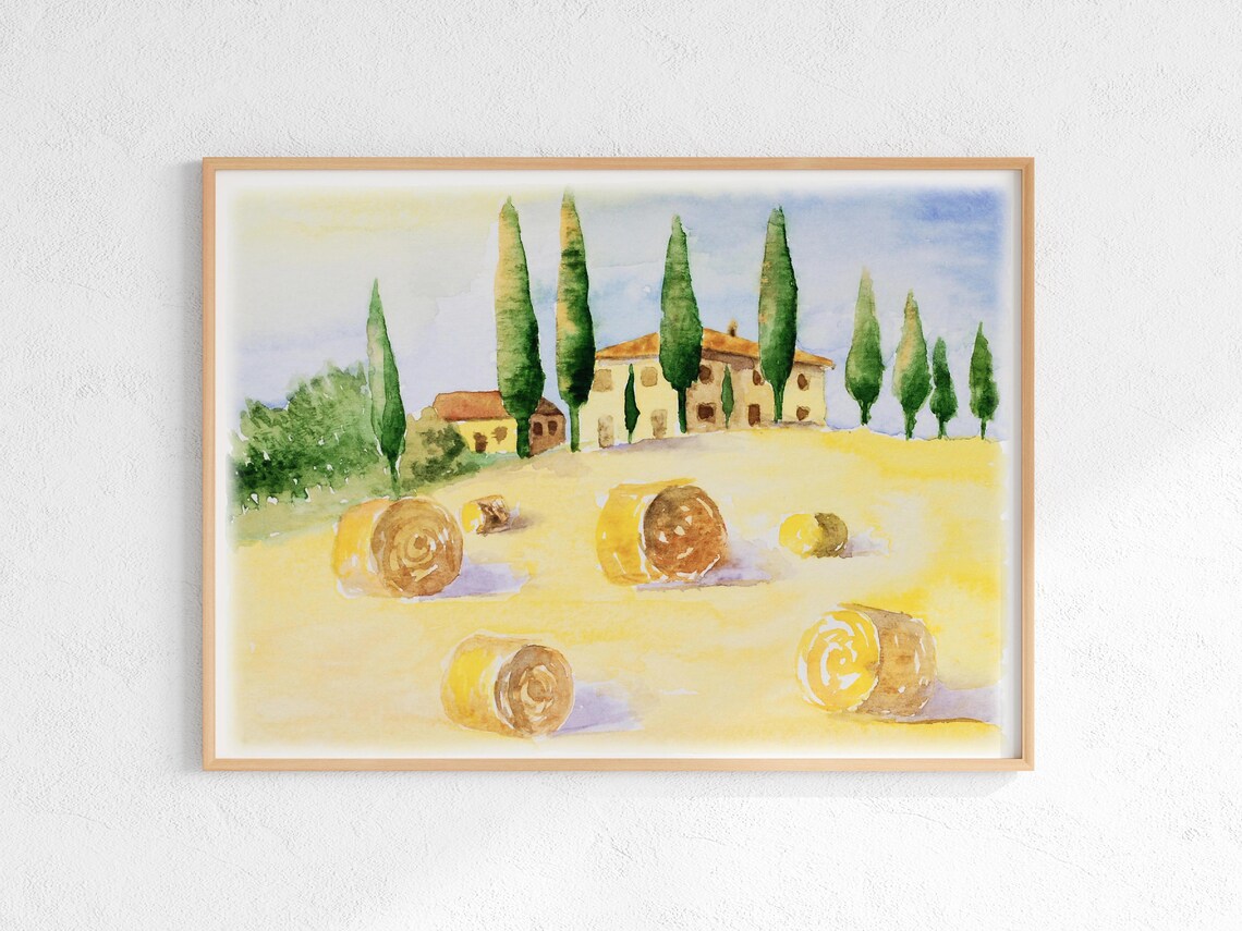 Tuscany Farmhouse Hay Bales Watercolor Italian Countryside Poster - Image 3