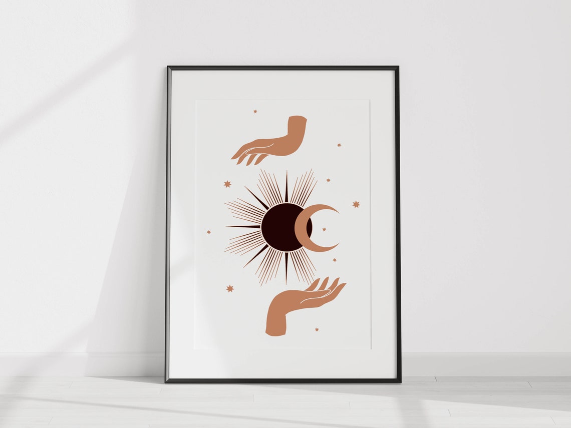 Mystical Boho Hands Holding Sun and Moon Celestial Line Art Poster - Image 2