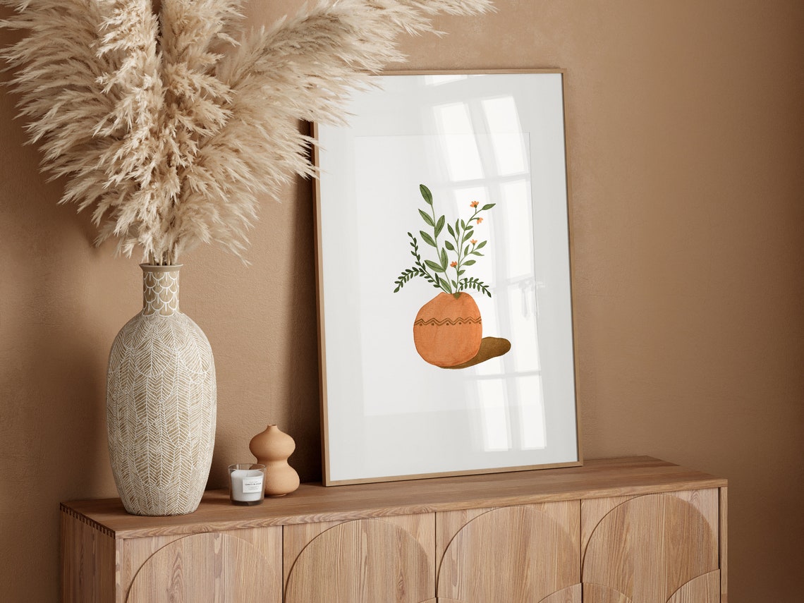 Boho Watercolor Green Plant in Round Terracotta Pot Wall Art - Image 3