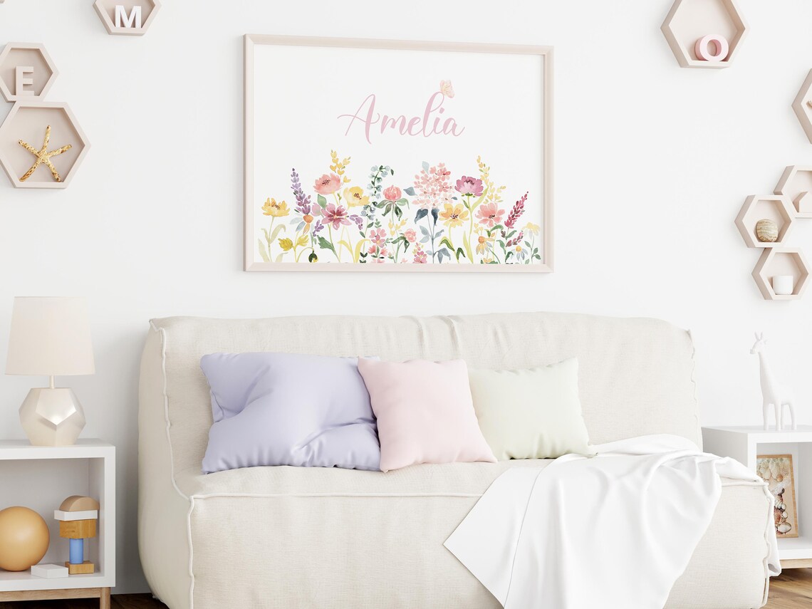 Custom Baby Girl Name Print, Wildflower Nursery Decor - Image 2