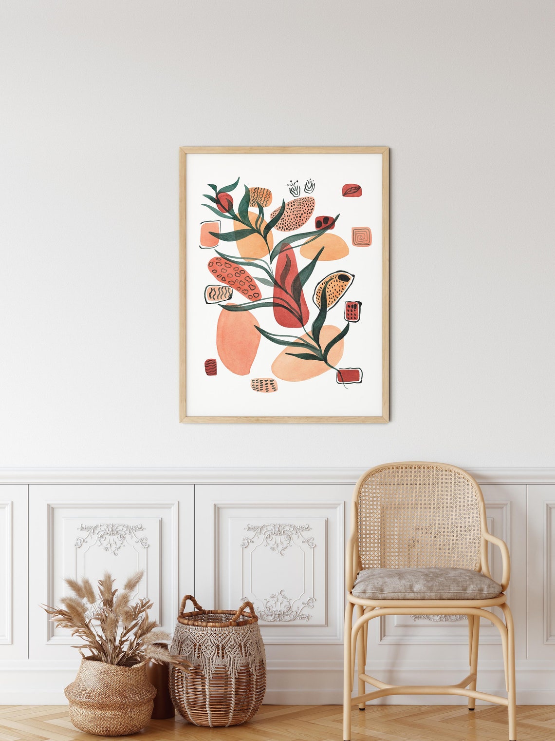 Abstract Boho Botanical Art With Terracotta Leaves Mid Century Poster - Image 2