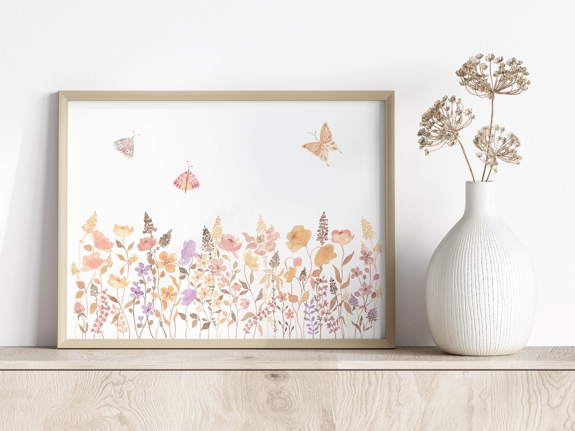 Boho Wildflowers with Butterflies Warm Tone Meadow Watercolor Poster - Image 2