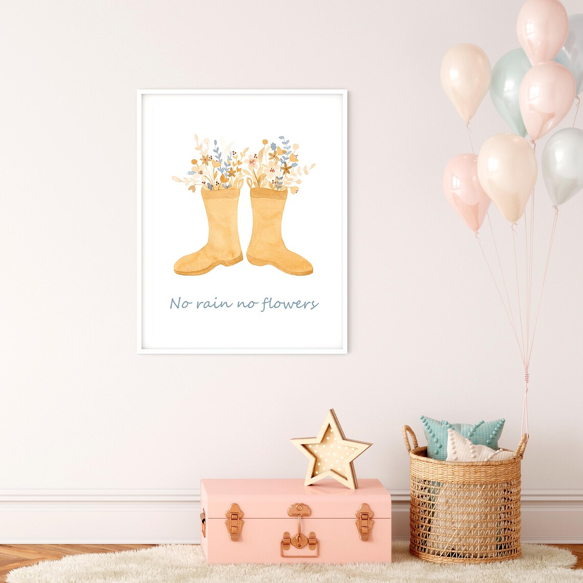 No Rain No Flowers Quote Poster with Yellow Rain Boots and Blooms - Image 2