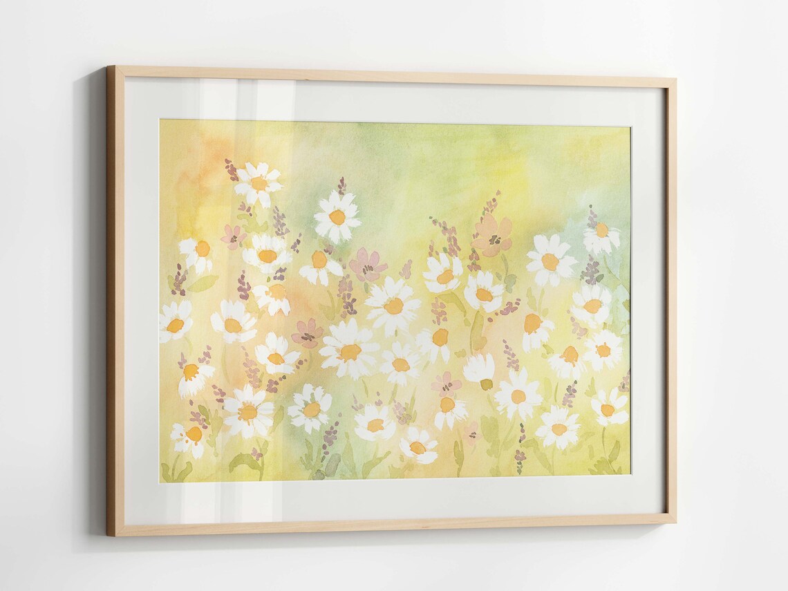Daisies Field Watercolor Art Print, Floral Field