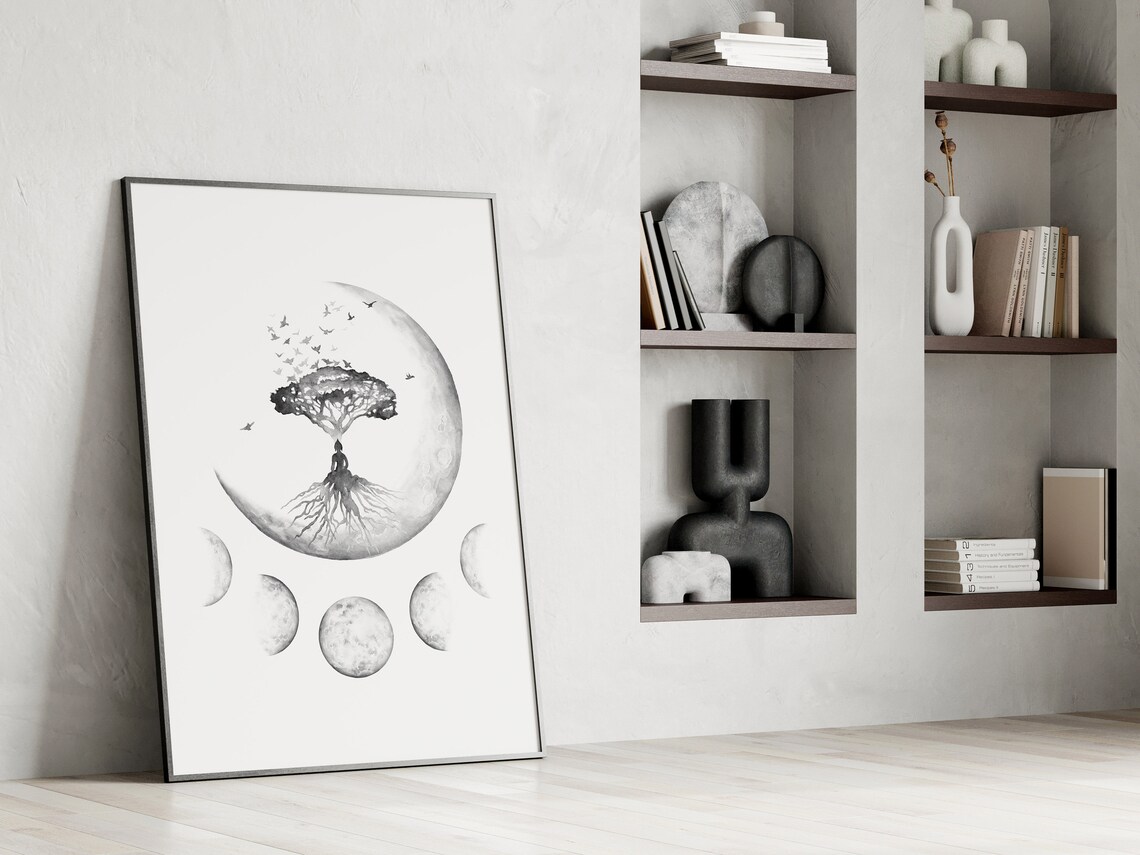 Tree Of Life Moon Phases Black White Meditation Spiritual Art Poster - Image 3