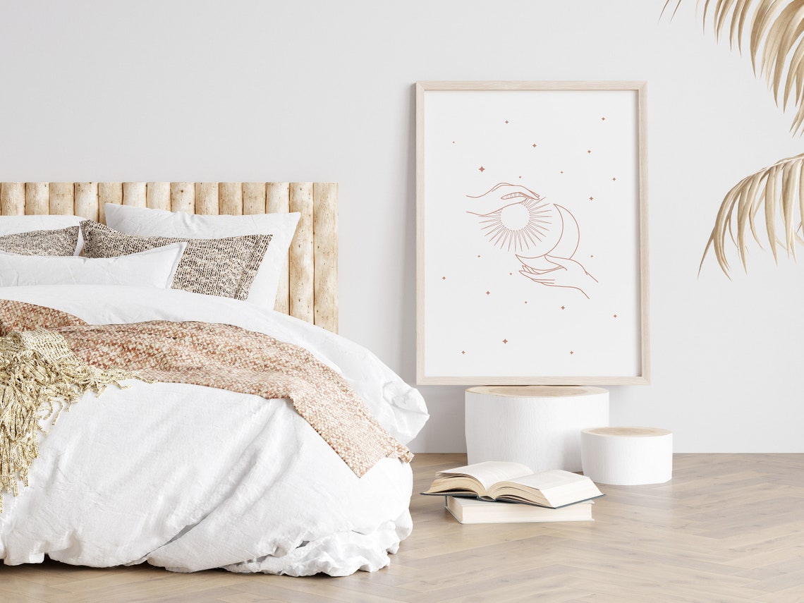 Hands Holding Sun And Crescent Moon Line Art Celestial Wall Art - Image 2