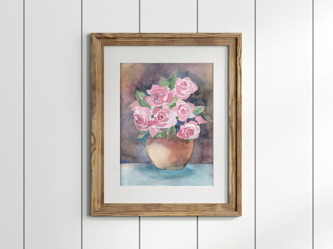 Pink Roses Bouquet In Vase Watercolor Floral Still Life Poster - Image 2