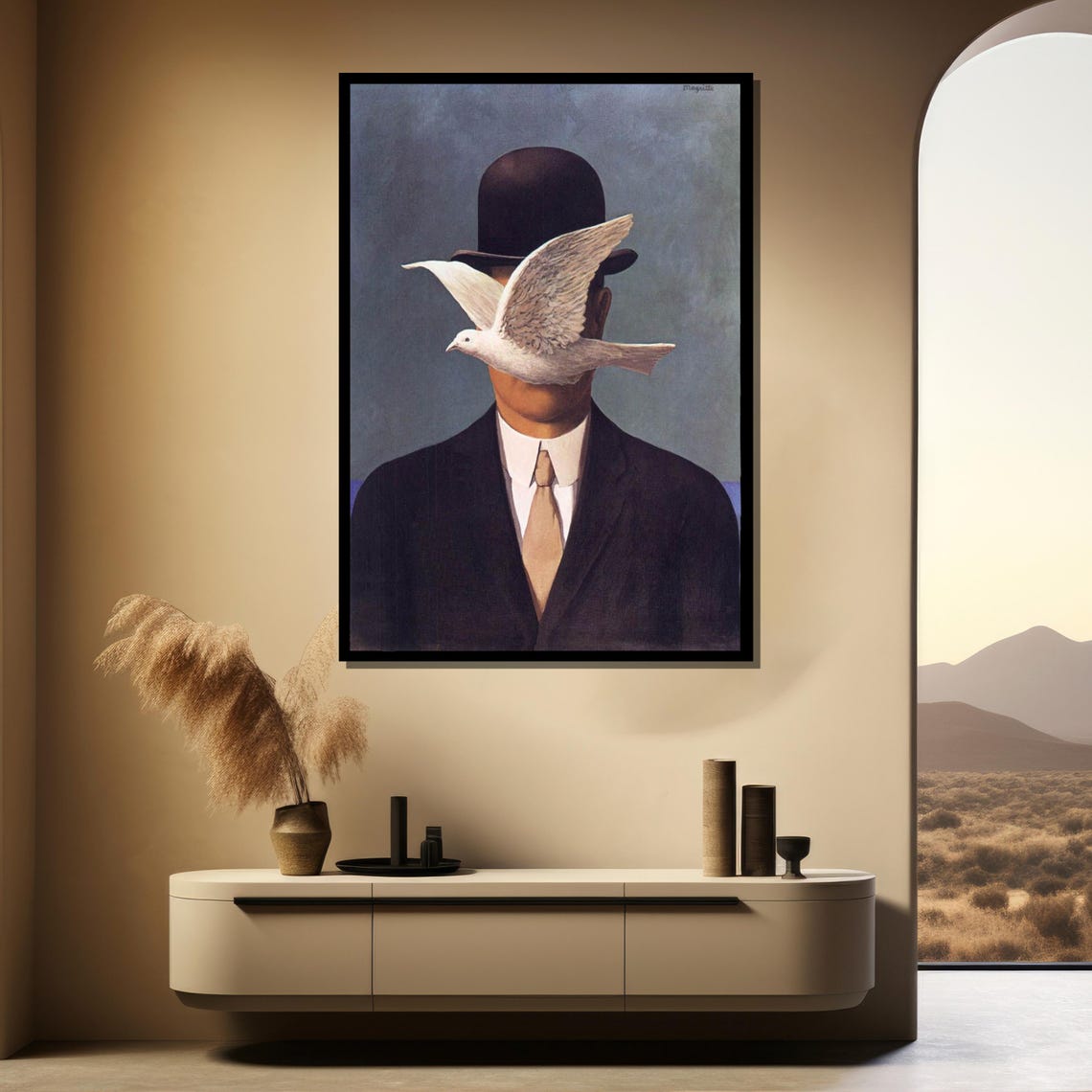 Surreal Man in Bowler Hat White Dove Magritte Style Painting Poster - Image 3