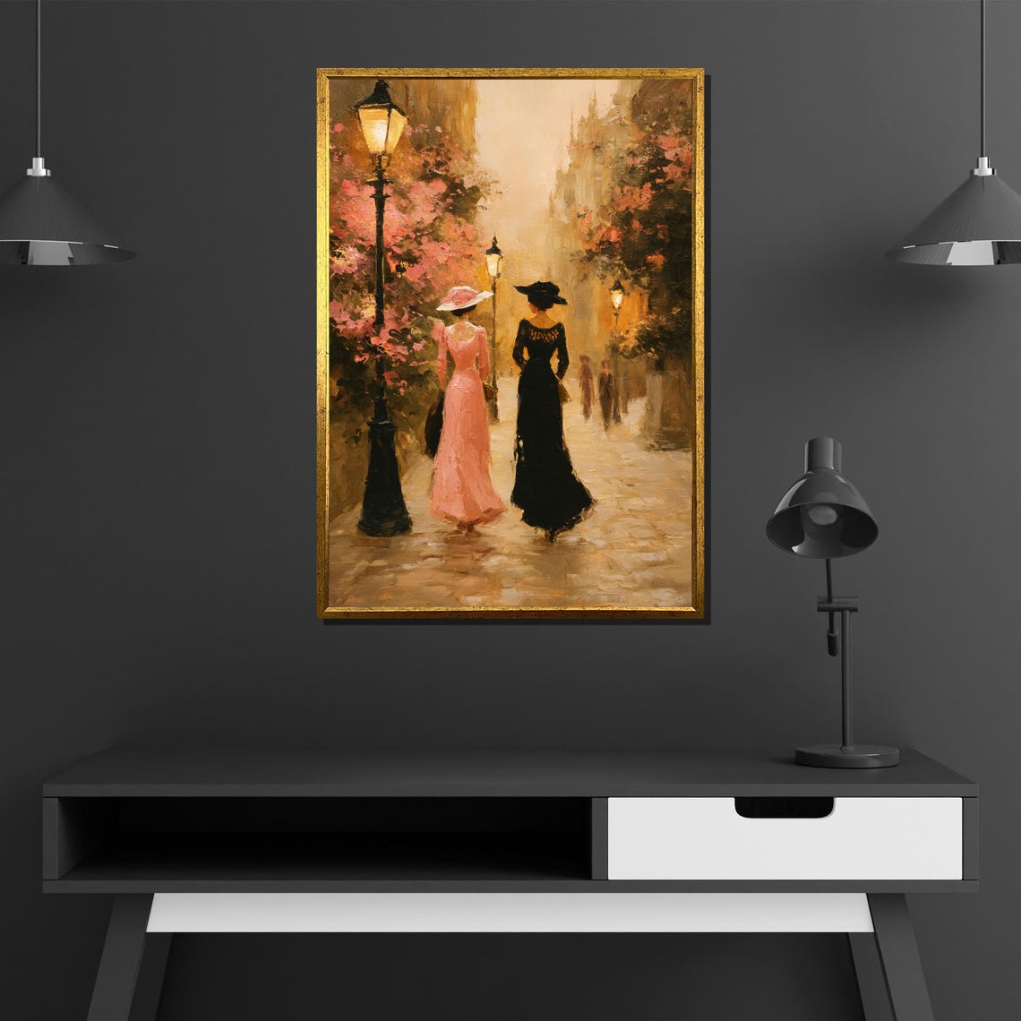 Romantic Lamplit Boulevard Stroll Two Elegant Women in Bloom Poster - Image 4