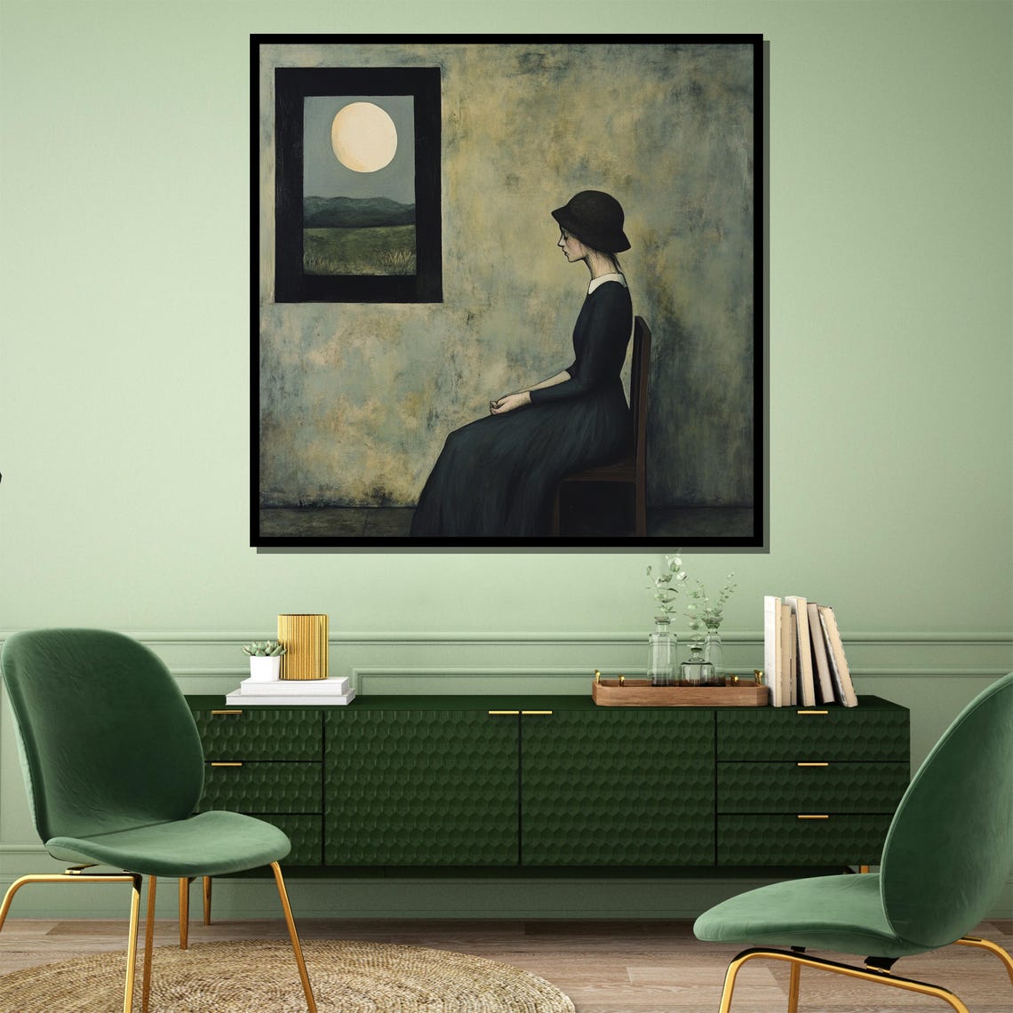 Minimalist Woman Watching Moon Through Window Solitude Night Poster - Image 3