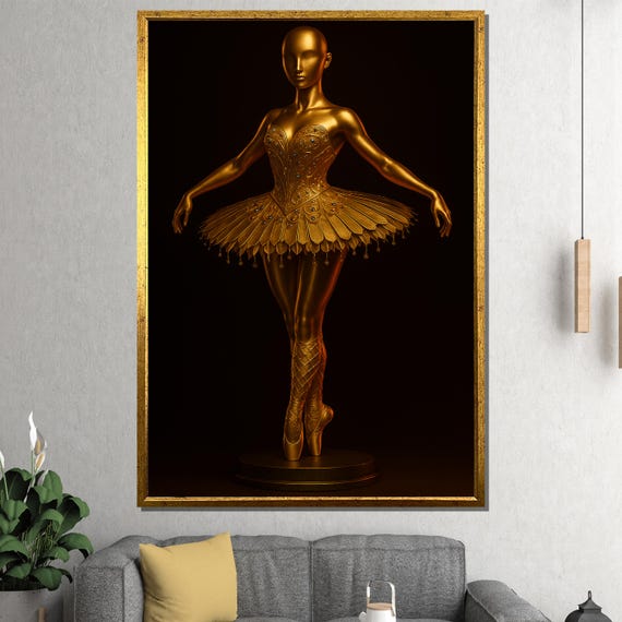 Golden Ballerina Canvas Painting Elegant Metallic Dance Wall Art Ready To Hang Gift For Her And Ballet Lovers Decor