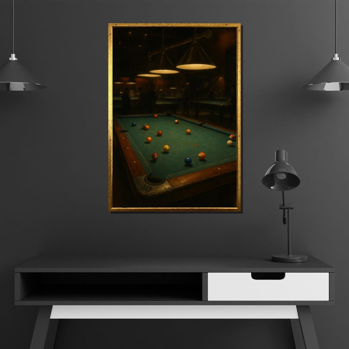 Moody Billiards Hall Green Pool Table Hanging Lamps Bar Art Poster - Image 3