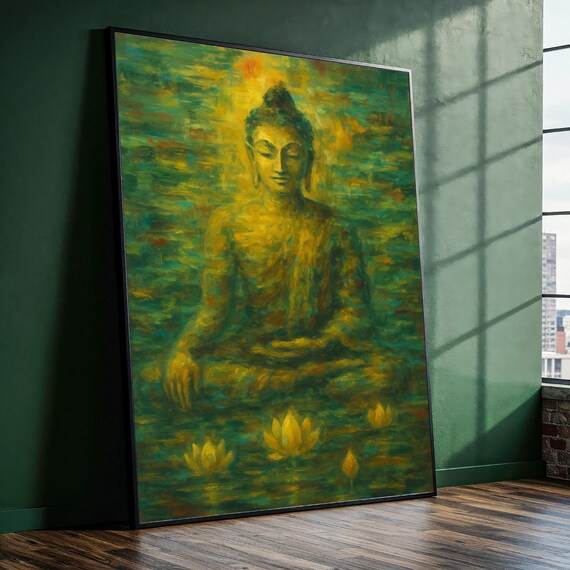 Radiant Golden Buddha Lotus Pond Peaceful Zen Painting Poster
