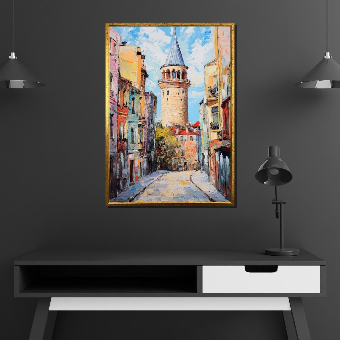 Galata Tower Istanbul Street Colorful Oil Painting Cityscape Poster - Image 2