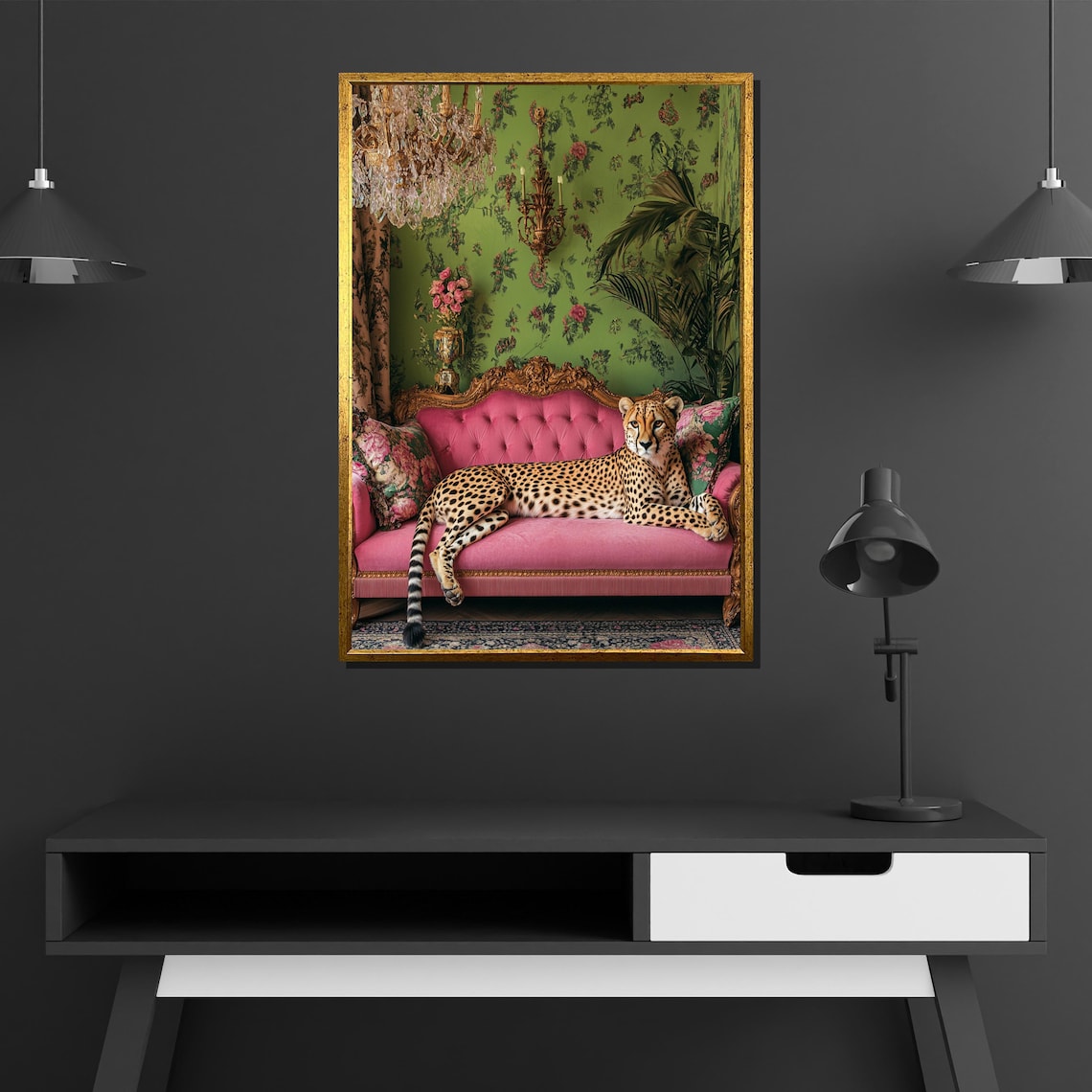Cheetah On Pink Sofa, Boho Mid-Century Art Print - Image 2