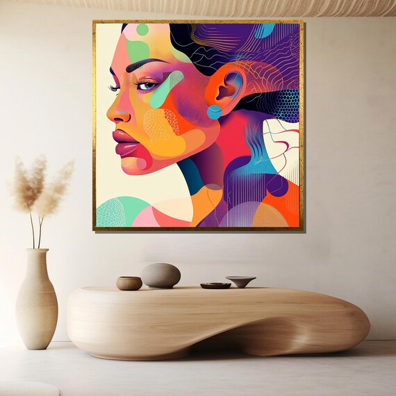 Vibrant Abstract Face Canvas Painting Ready To Hang Gift Modern Colorful Portrait With Geometric Shapes For Boho Wall Art