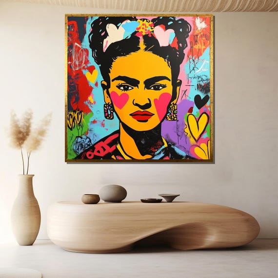 Frida Pop Female Icon Canvas Painting Colorful Graffiti Wall Art Ready To Hang Empowering Gift For Her