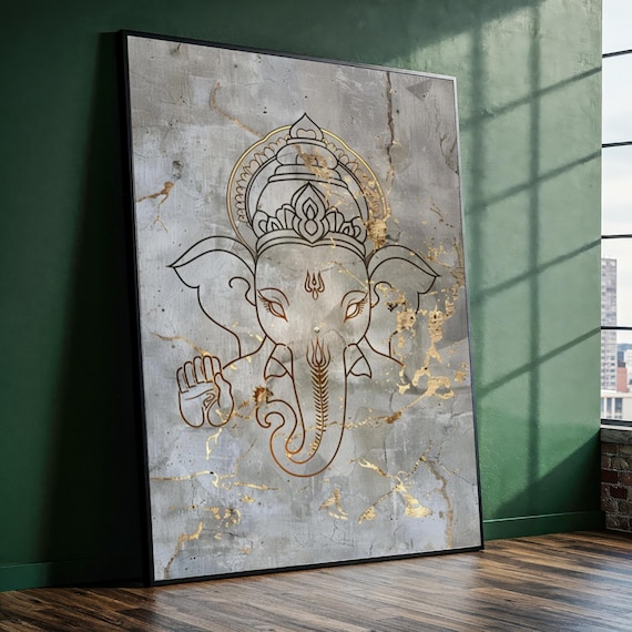 Minimalist Golden Ganesha Outline Canvas Painting Boho Spiritual Wall Art Ready To Hang Gift