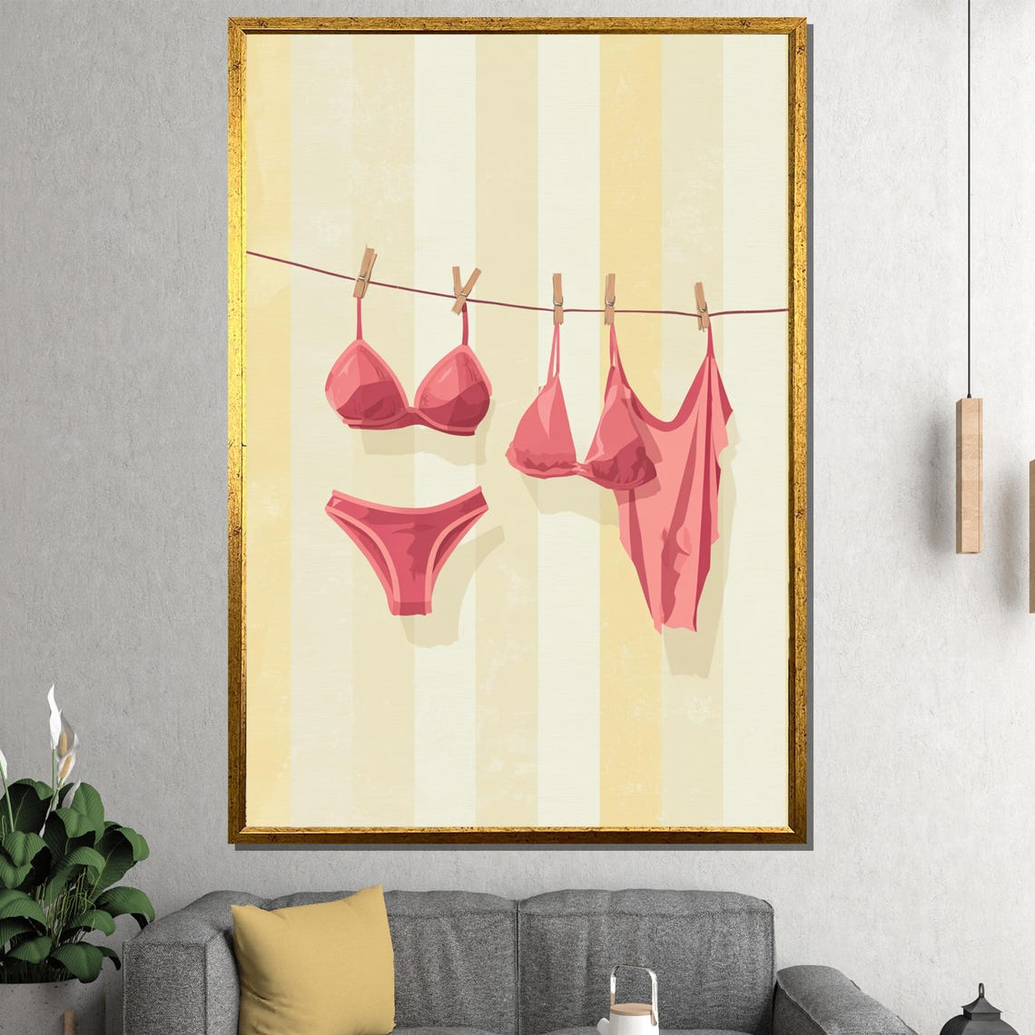 Pink Bikini and Swimsuit on Clothesline Summer Laundry Room Poster