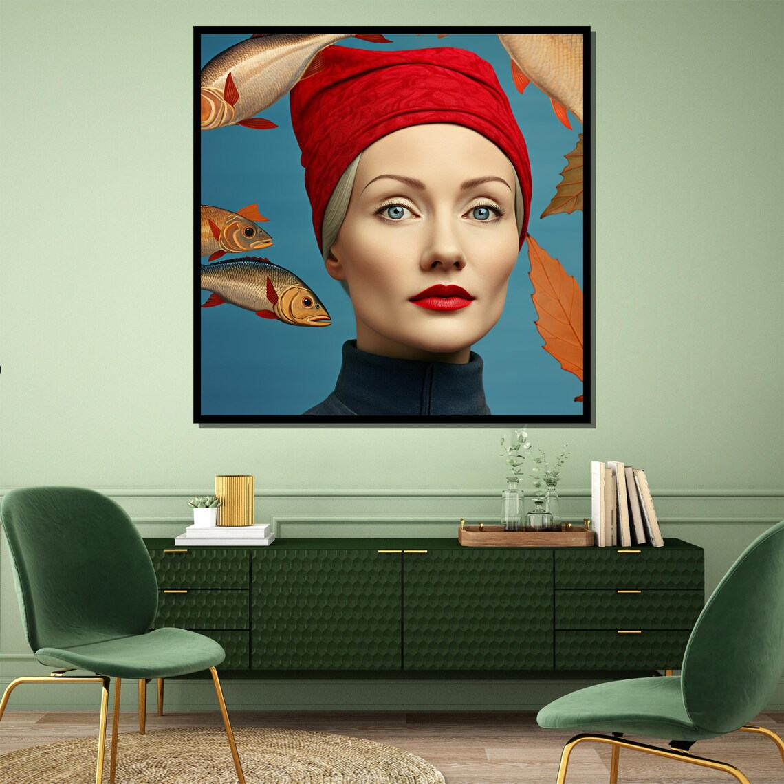 Surreal Woman Red Turban Portrait with Flying Fish Teal Art Poster - Image 3