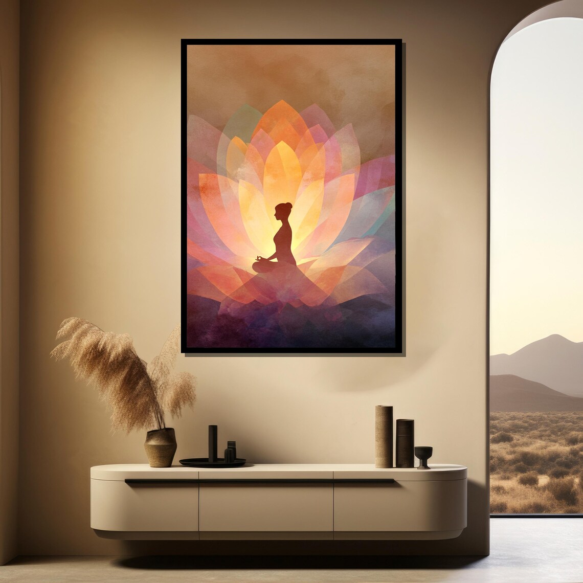Meditating Woman Silhouette Inside Blooming Lotus Flower Warm Zen Painting Poster - Image 3