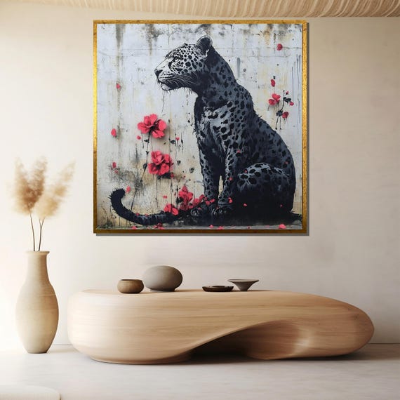 Leopard With Flowers Canvas Painting Graffiti Jungle Wall Art Ready To Hang Wild Nature Gift For Him