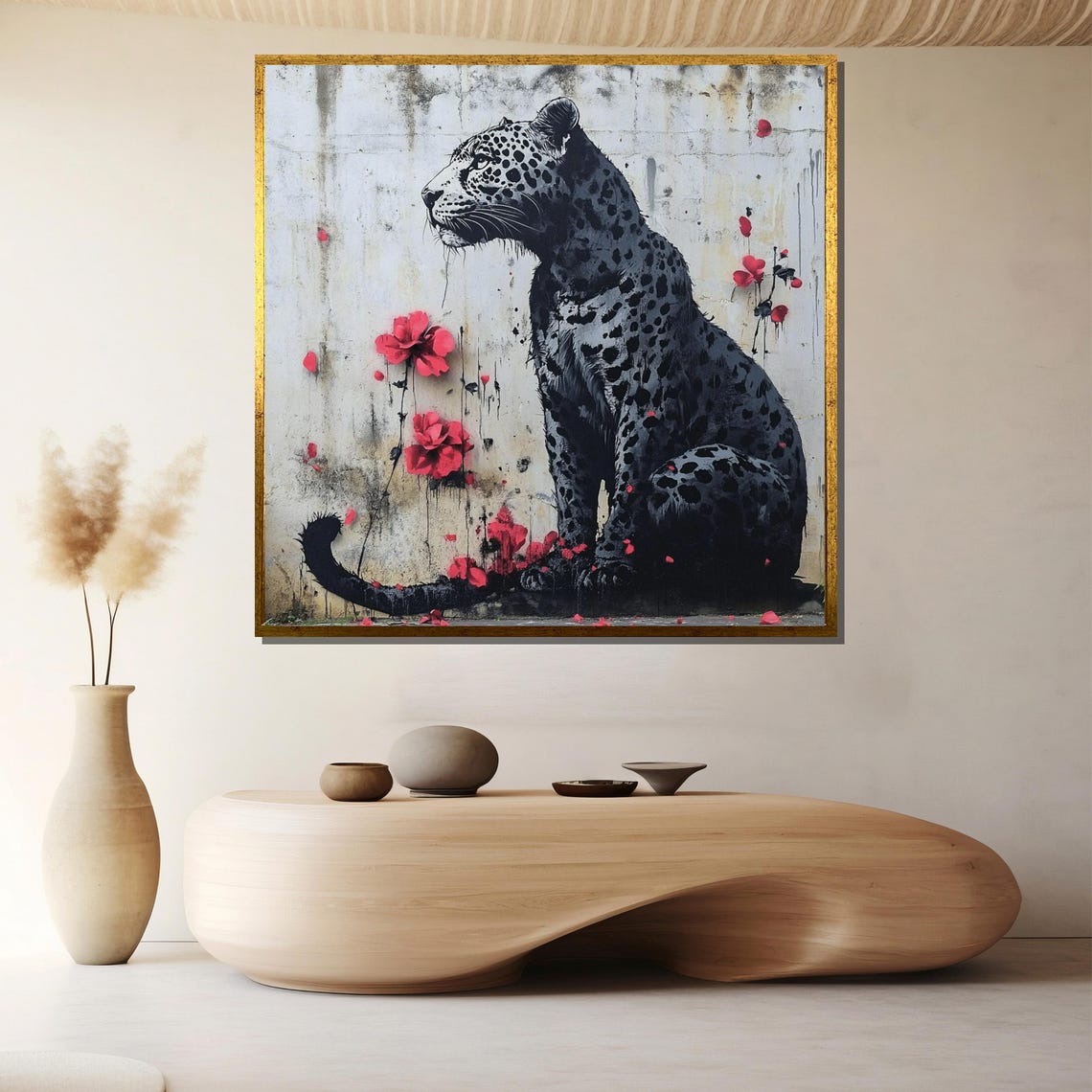 Leopard With Flowers Canvas Painting Graffiti Jungle Wall Art Ready To Hang Wild Nature Gift For Him